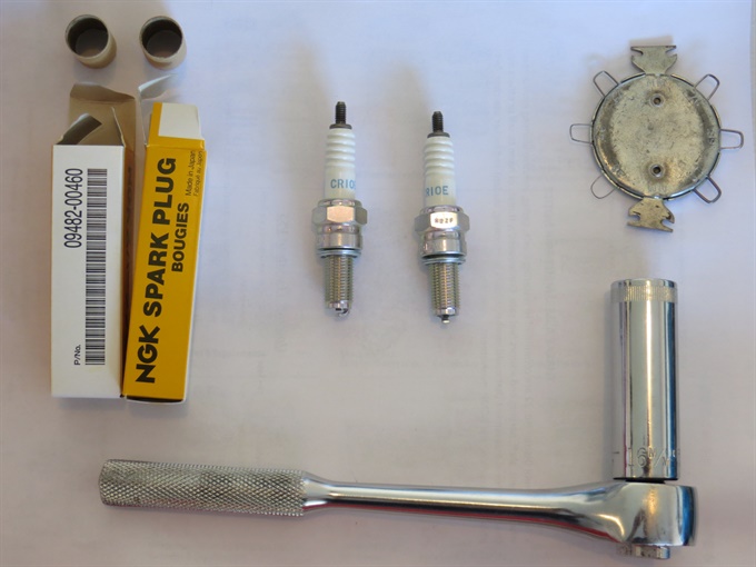 New spark plugs, wire gauge, 16 mm deep socket and ratchet