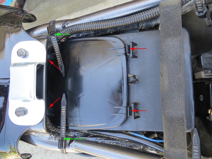 DR200SE air box cover tabs (red) and zip tie tabs (green)