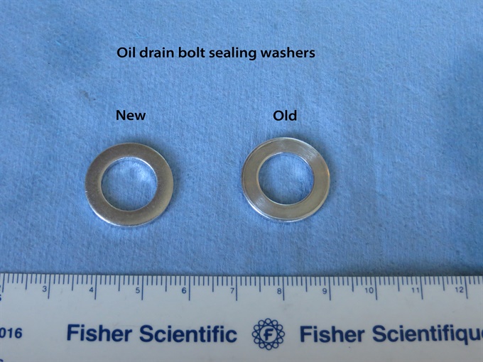 Oil drain bolt sealing washers, 2024 Honda NX500 (ruler markings in mm)