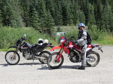 CRF300L and DR650SE, Kettle River FSR at Hwy 6, 2025.